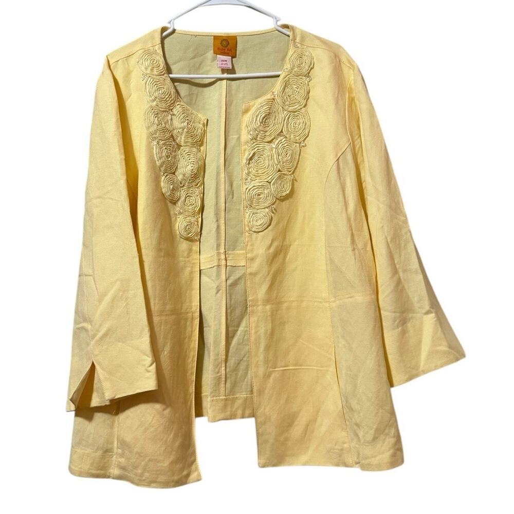 Ruby Rd Woman Size 20W Linen Blend Shirt Jacket Embroidered Yellow Floral Office
